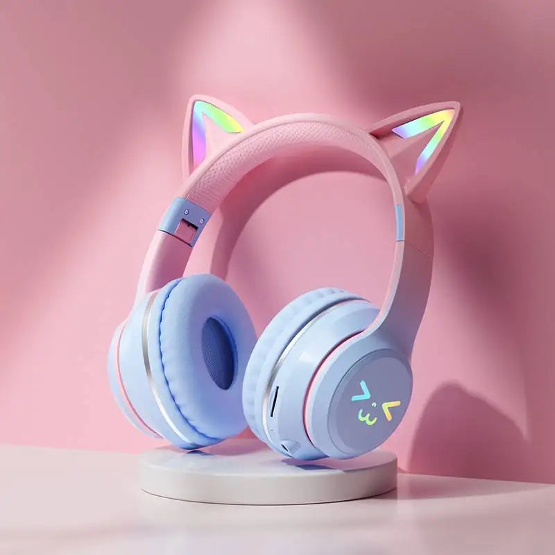 Auriculares inalámbricos con degradado RGB, lindos auriculares Bluetooth con orejas de gato y micrófono, estéreo, para música y juegos, regalos para niñas y niños
