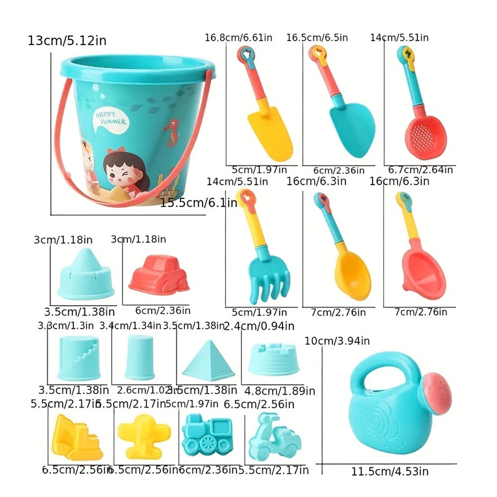 Juego de 18 piezas de juguetes de arena para la playa, plástico resistente, juego de verano para piscina y playa, herramientas de juego de arena al aire libre para niños y niñas, ideal para las vacaciones.