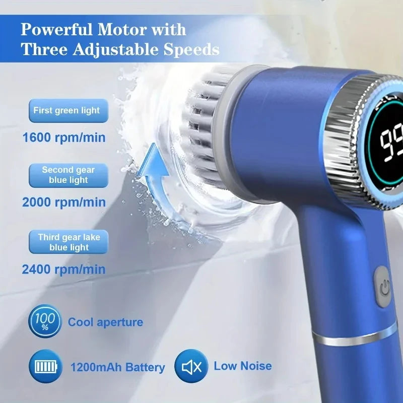 Cepillo eléctrico giratorio con 5 cabezales de cepillo reemplazables, cepillo de ducha portátil recargable con tres velocidades ajustables.