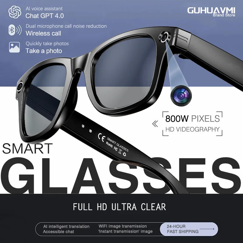 Gafas inteligentes 2026 con cámara de 8 MP, grabación de video, reconocimiento de fotos por IA, llamadas Bluetooth y traducción de voz. Gafas de sol para hombre y mujer.