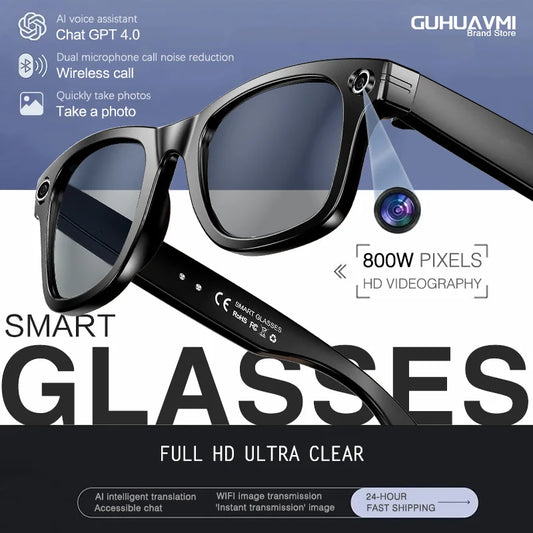 Gafas inteligentes 2026 con cámara de 8 MP, grabación de video, reconocimiento de fotos por IA, llamadas Bluetooth y traducción de voz. Gafas de sol para hombre y mujer.