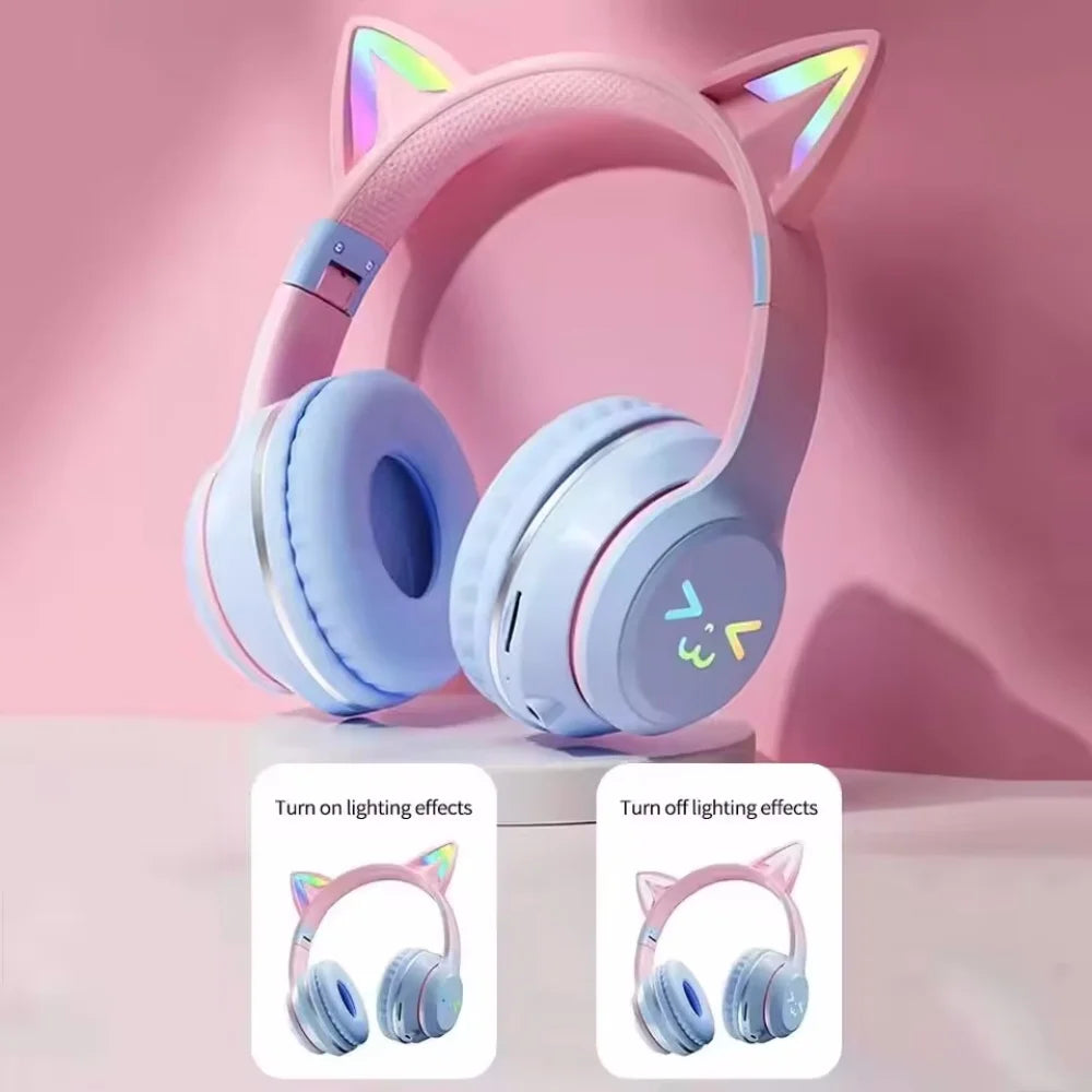 Auriculares inalámbricos con degradado RGB, lindos auriculares Bluetooth con orejas de gato y micrófono, estéreo, para música y juegos, regalos para niñas y niños