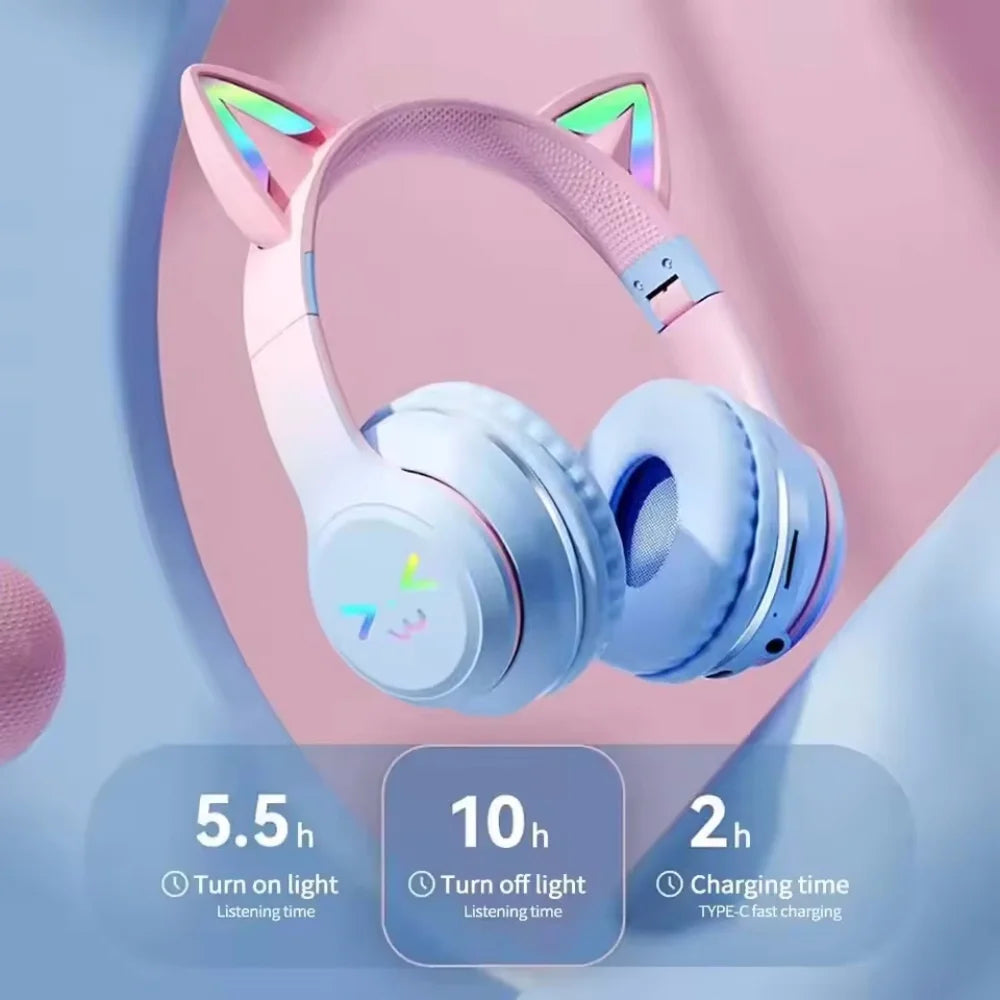 Auriculares inalámbricos con degradado RGB, lindos auriculares Bluetooth con orejas de gato y micrófono, estéreo, para música y juegos, regalos para niñas y niños