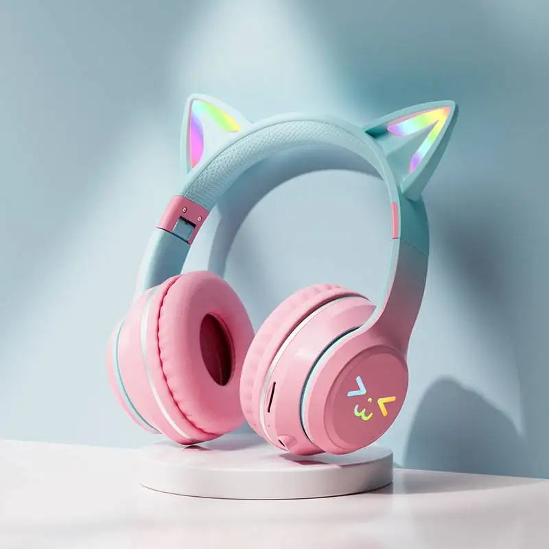 Auriculares inalámbricos con degradado RGB, lindos auriculares Bluetooth con orejas de gato y micrófono, estéreo, para música y juegos, regalos para niñas y niños