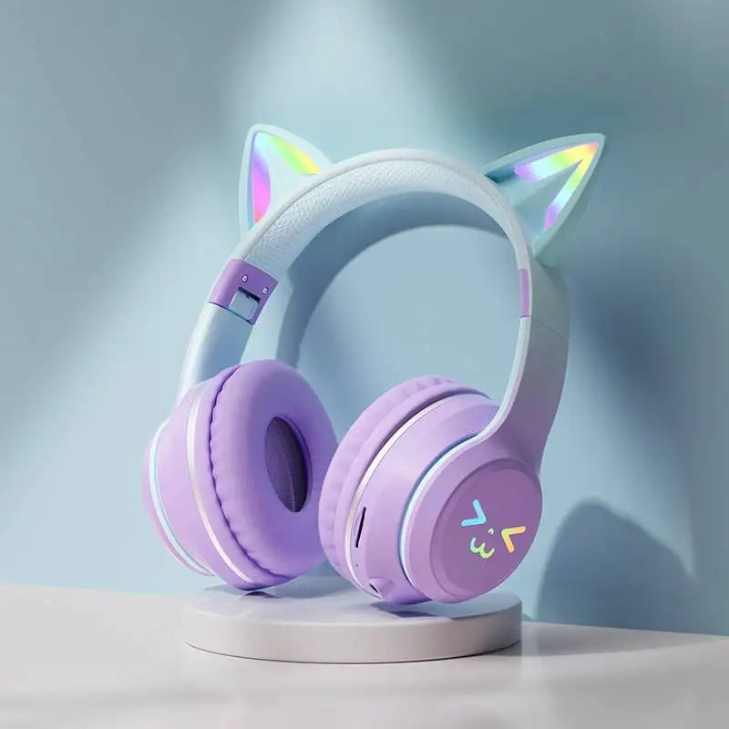 Auriculares inalámbricos con degradado RGB, lindos auriculares Bluetooth con orejas de gato y micrófono, estéreo, para música y juegos, regalos para niñas y niños
