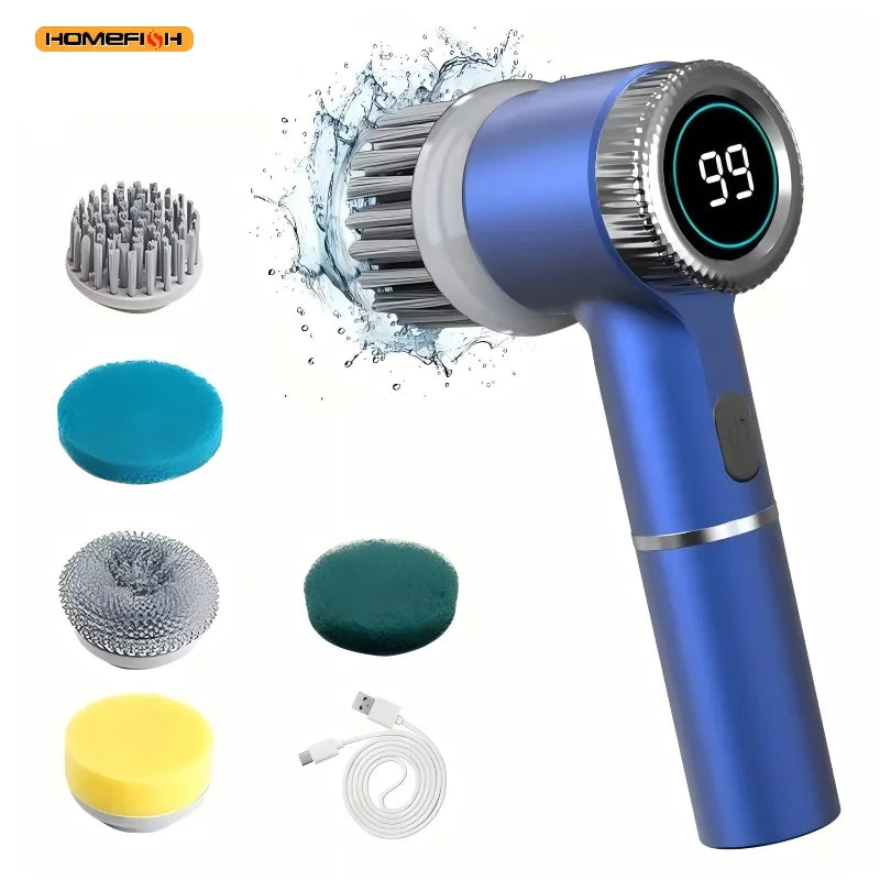 Cepillo eléctrico giratorio con 5 cabezales de cepillo reemplazables, cepillo de ducha portátil recargable con tres velocidades ajustables.