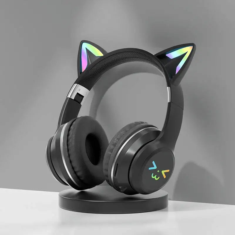Auriculares inalámbricos con degradado RGB, lindos auriculares Bluetooth con orejas de gato y micrófono, estéreo, para música y juegos, regalos para niñas y niños