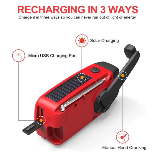 Radio de Emergencia Portátil AM/FM/NOAA – Multifuncción con Manivela, Carga Solar, Power Bank y Linterna LED – Ideal para Climas Extremos y Situaciones de Supervivencia