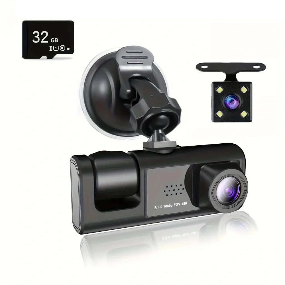 Cámara de salpicadero de alta definición 1080p, cámara trasera opcional y tarjeta de memoria de 32 GB, función de visión nocturna, grabación en bucle.