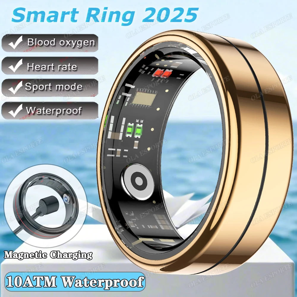 Anillo inteligente 2025 con monitorización de presión arterial y frecuencia cardíaca, resistente al agua IP68 y 5 ATM, modo multideportivo, para hombre y mujer.