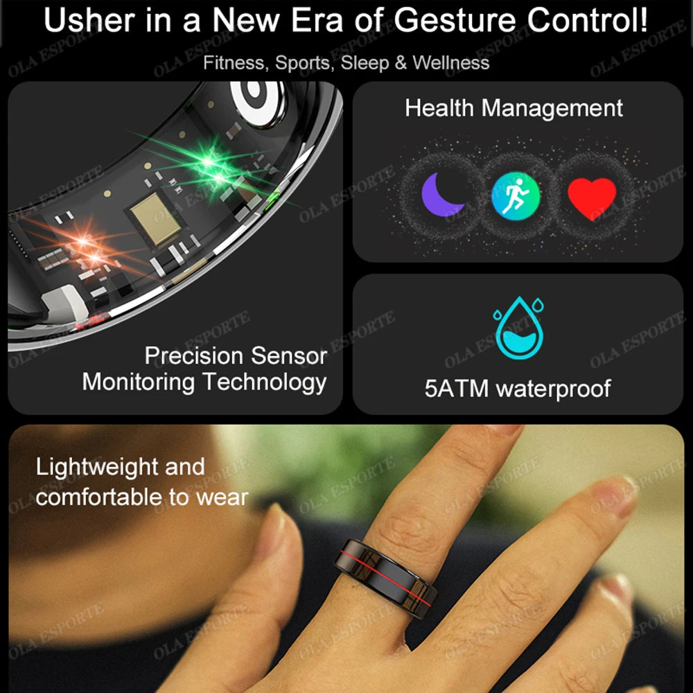 Anillo inteligente 2025 con monitorización de presión arterial y frecuencia cardíaca, resistente al agua IP68 y 5 ATM, modo multideportivo, para hombre y mujer.