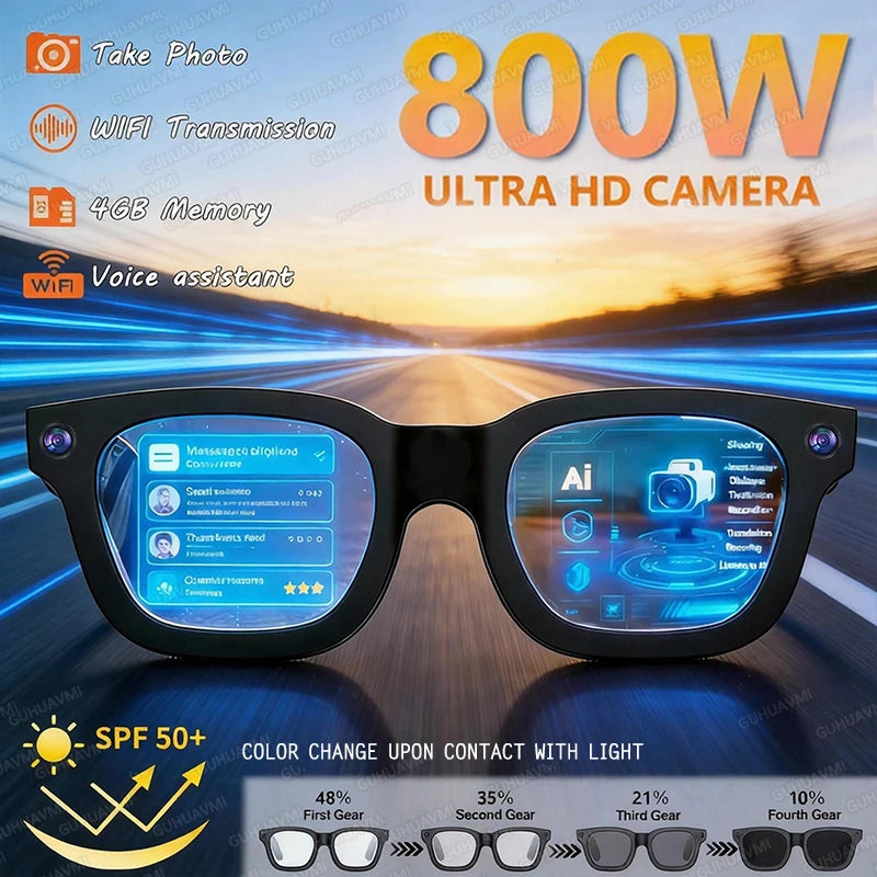 Gafas inteligentes 2026 con cámara de 8 MP, grabación de video, reconocimiento de fotos por IA, llamadas Bluetooth y traducción de voz. Gafas de sol para hombre y mujer.
