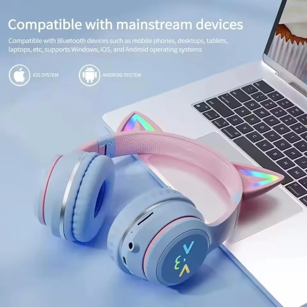 Auriculares inalámbricos con degradado RGB, lindos auriculares Bluetooth con orejas de gato y micrófono, estéreo, para música y juegos, regalos para niñas y niños