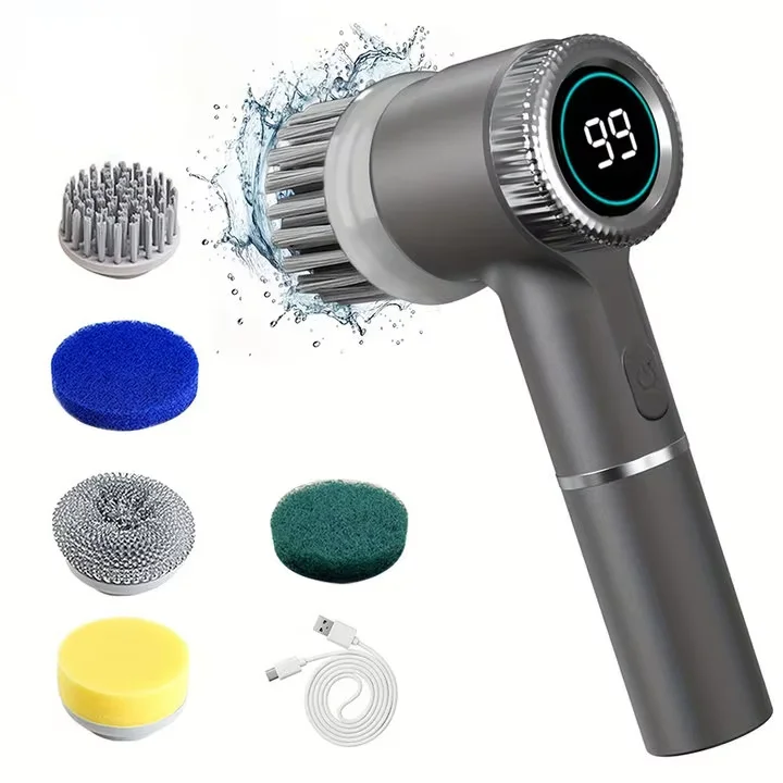 Cepillo eléctrico giratorio con 5 cabezales de cepillo reemplazables, cepillo de ducha portátil recargable con tres velocidades ajustables.