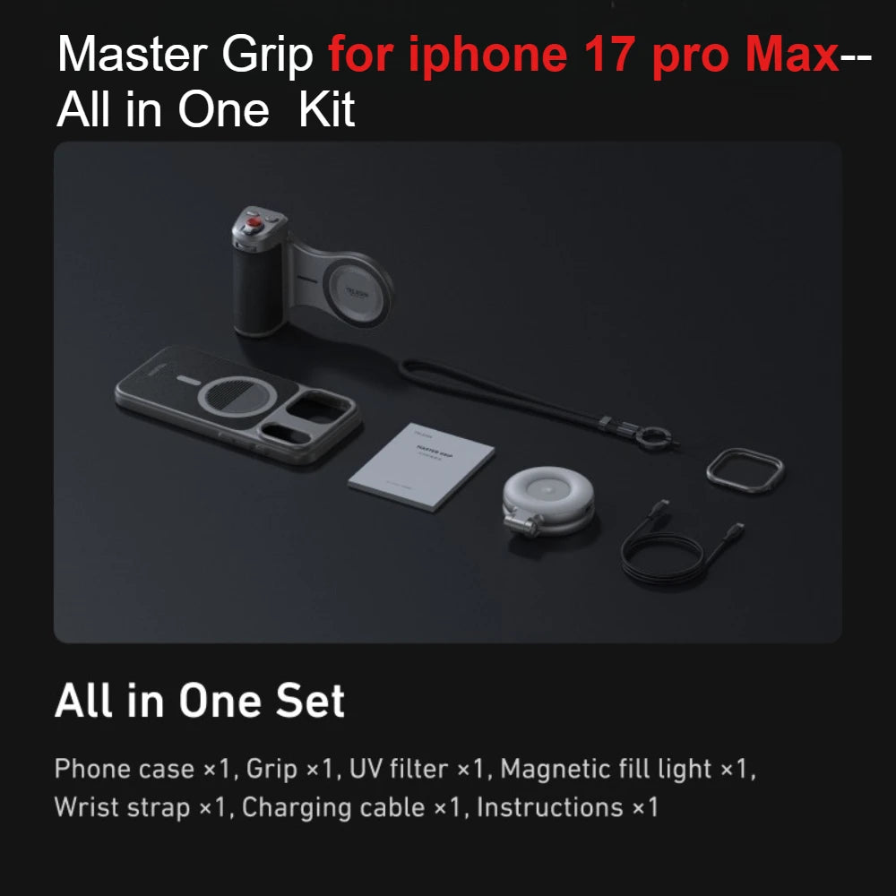 Empuñadura maestra para cámara de teléfono TELESIN para iPhone 17 Pro/Pro Max con obturador remoto, soporte de mano, accesorios de fotografía de mano