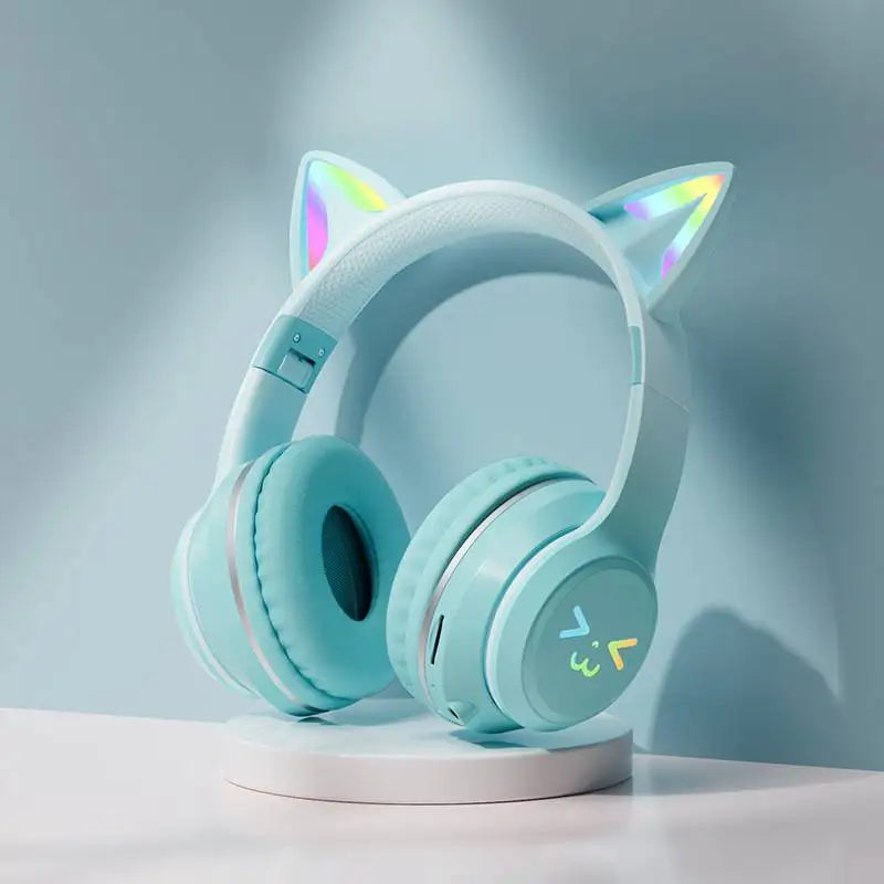 Auriculares inalámbricos con degradado RGB, lindos auriculares Bluetooth con orejas de gato y micrófono, estéreo, para música y juegos, regalos para niñas y niños
