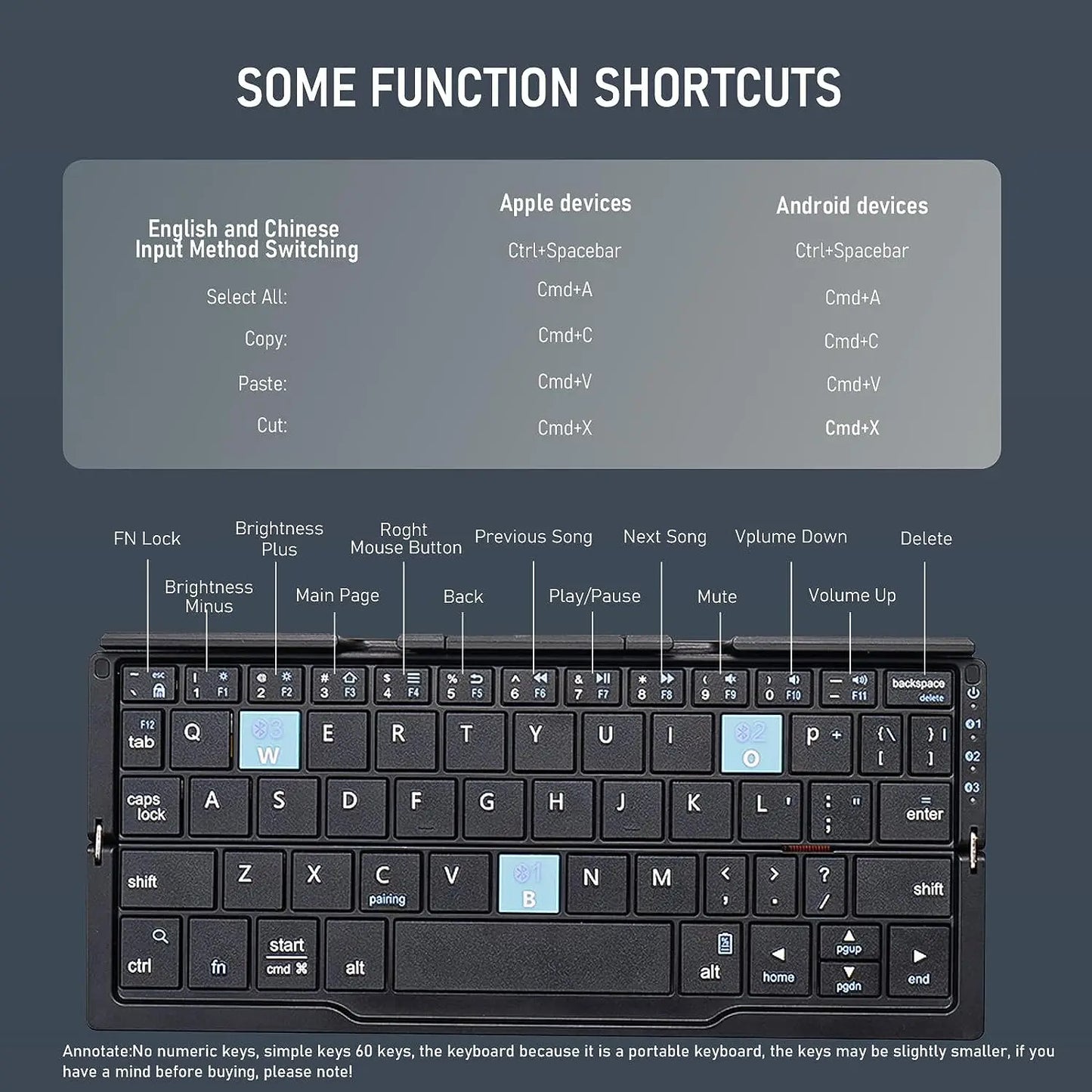 Teclado Bluetooth Plegable Recargable con Soporte para Tablet, Móvil y PC