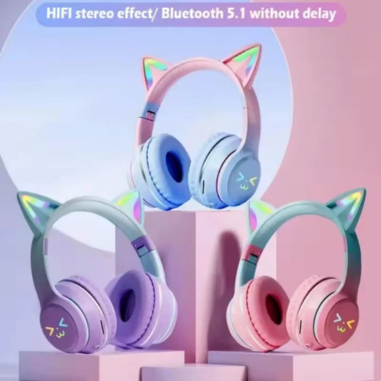 Auriculares inalámbricos con degradado RGB, lindos auriculares Bluetooth con orejas de gato y micrófono, estéreo, para música y juegos, regalos para niñas y niños
