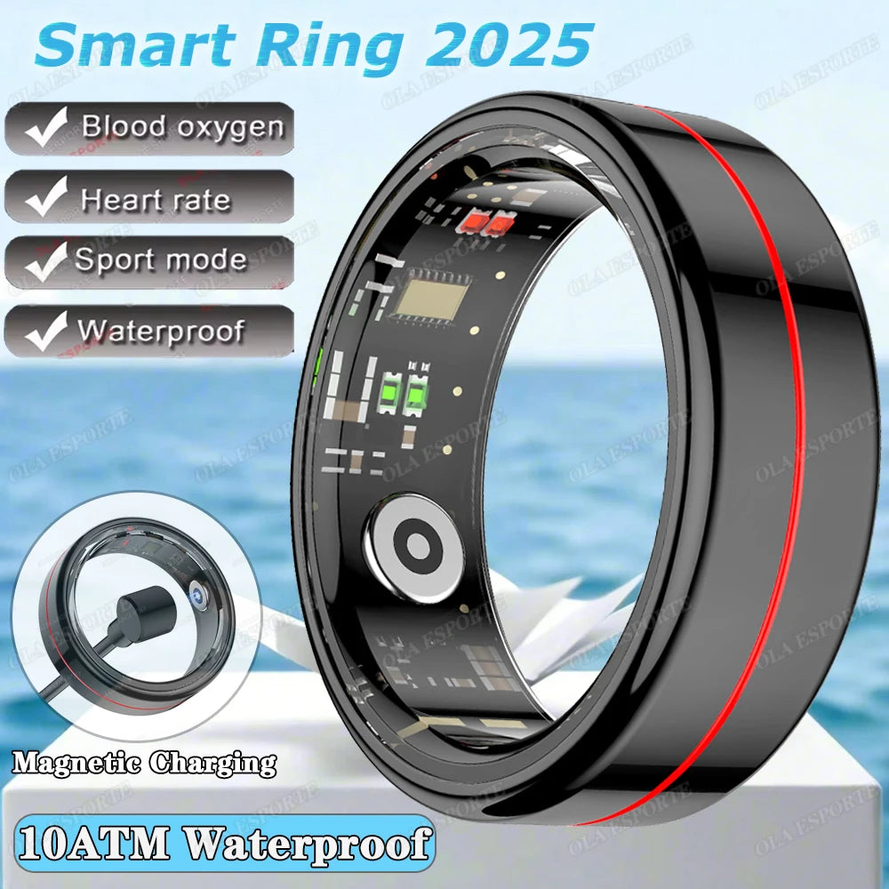 Anillo inteligente 2025 con monitorización de presión arterial y frecuencia cardíaca, resistente al agua IP68 y 5 ATM, modo multideportivo, para hombre y mujer.