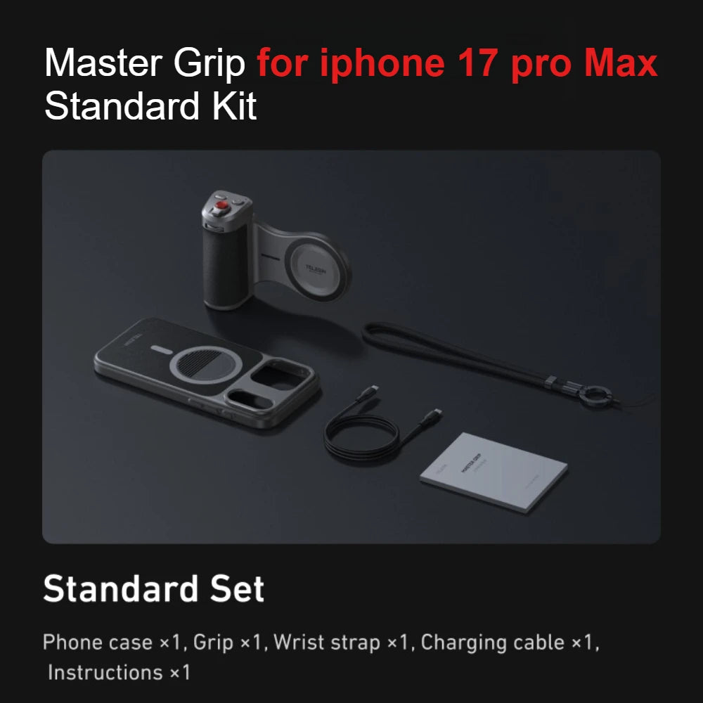Empuñadura maestra para cámara de teléfono TELESIN para iPhone 17 Pro/Pro Max con obturador remoto, soporte de mano, accesorios de fotografía de mano