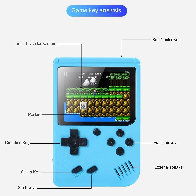 Consola de videojuegos portátil retro con pantalla LCD de 8 bits y reproductor de juegos AV integrado para niños.