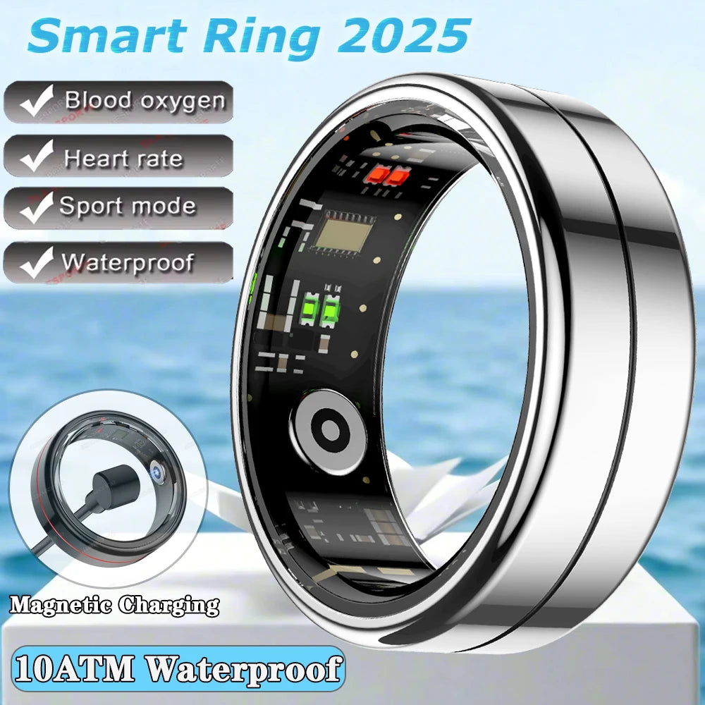 Anillo inteligente 2025 con monitorización de presión arterial y frecuencia cardíaca, resistente al agua IP68 y 5 ATM, modo multideportivo, para hombre y mujer.